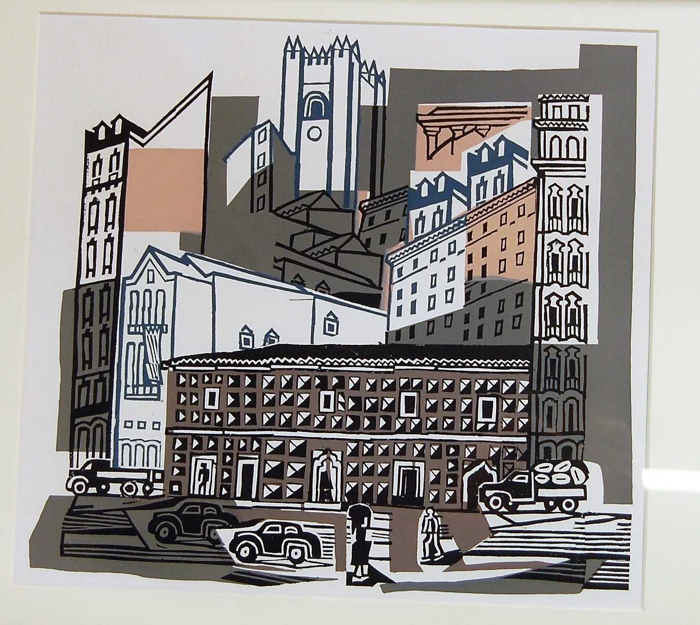 Contemporary school - Townscape, linocut, 30 x 33cmCondition report: Very fine spotting evident to