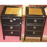 A pair of contemporary Eastern black lacquered three drawer bedside chests, each width 35cmCondition