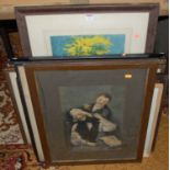 Assorted pictures and prints, to include topographical engravings, church interior engraving etc