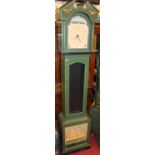 A painted long case clock having an arched dial, battery movement, glazed trunk door, the box base