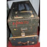 An American metal bound military trunk, green painted, w.82cm; together with an English faux leather