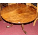A 19th century mahogany circular low pedestal tripod table (reduced in height), dia. 86cm