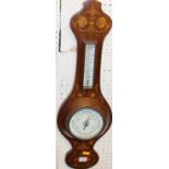 An Art Nouveau mahogany and floral satinwood inlaid two dial aneroid wheel barometer, height 68cm