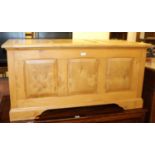 A contemporary elm and burr elm three panelled hinge top blanket box, width 106.5cm