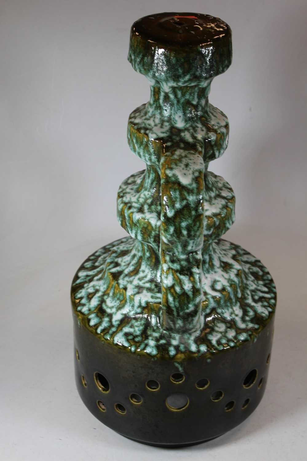 A 1970s West German green glazed pottery lamp base, having four loop handles to a pierced circular - Image 5 of 8