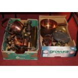 Two boxes of miscellaneous metalware, to include a 19th century copper range kettle, brass