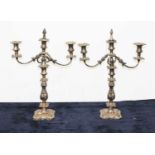 A pair of Victorian Old Sheffield Plate three sconce table candelabra, having decorative column to