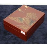 A Japanese Taisho period red lacquered box and cover, of rectangular form, the cover gilt
