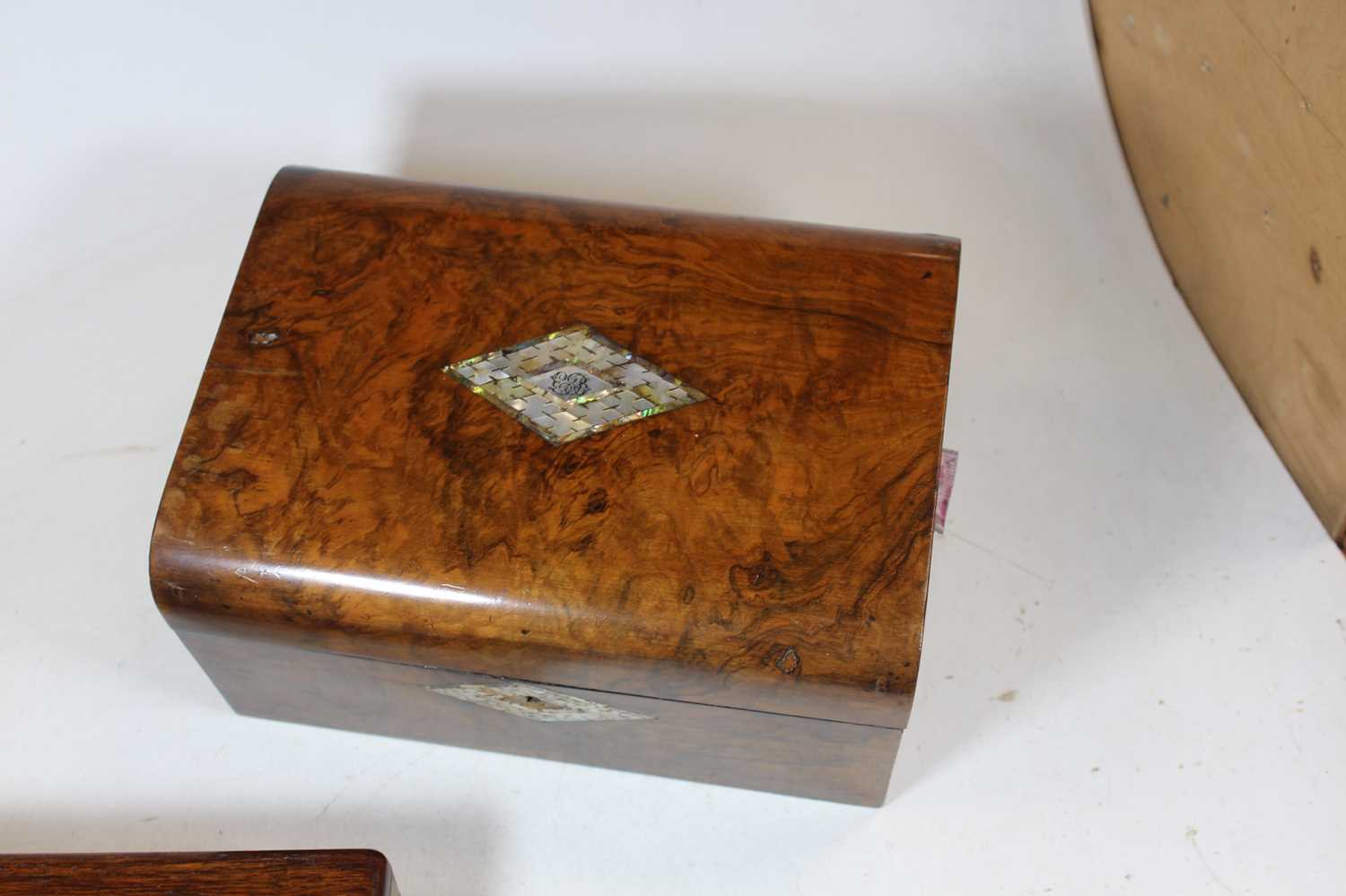 A Victorian rosewood and brass bound unfitted box, w.23cm; together with a Victorian walnut dome - Image 4 of 6