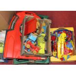 A collection of various mixed plastic and children's tinplate toys to include an F1 Task