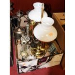 A box of miscellaneous metalware, to include a lacquered brass desk lamp with opalescent glass