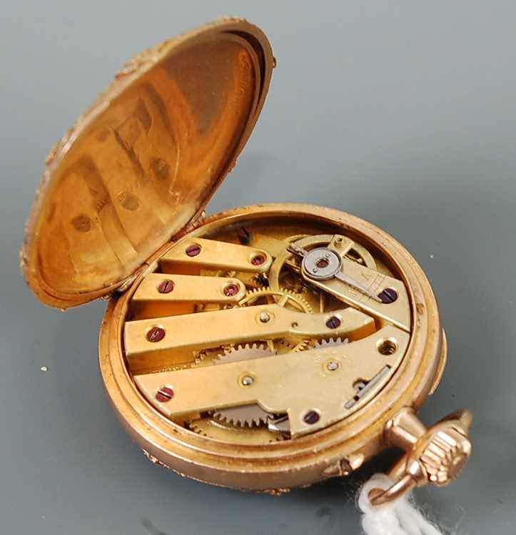A continental lady's two-colour gold cased open faced pocket watch, the engraved and floral chased - Image 3 of 3