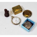 An early 20th century gold plated open faced pocket watch, having enamel dial with Roman numerals