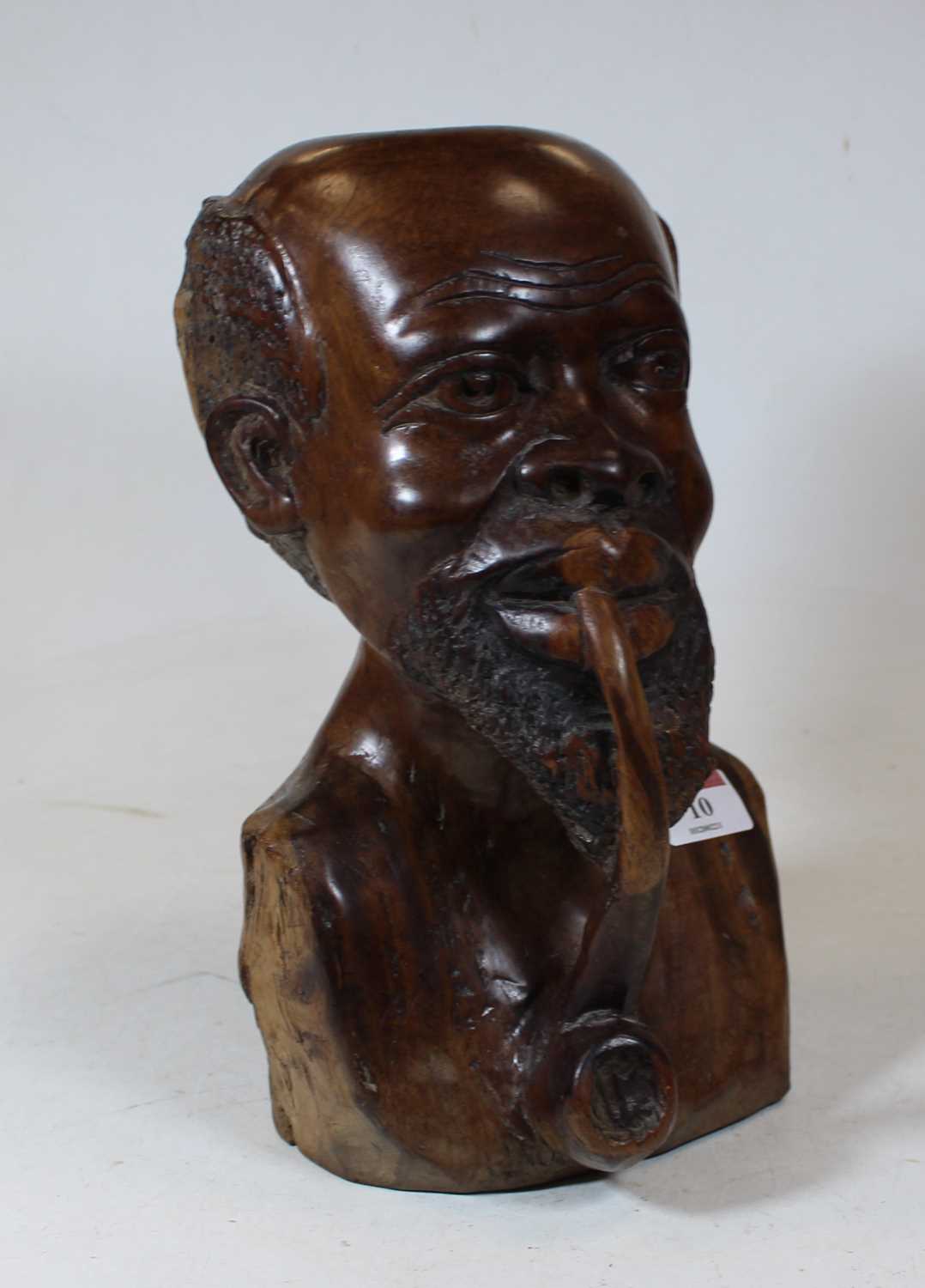 A large carved hardwood head and shoulders portrait bust of a man smoking a pipe, h.27cm - Image 2 of 5