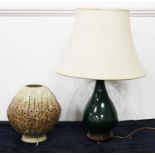 A Bernard Rooke style studio pottery table lamp; together with a green glazed table lamp (2)