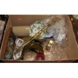 A box of miscellaneous items, to include Mason's Chartreuse dish, stoneware foot-warmer, toasting