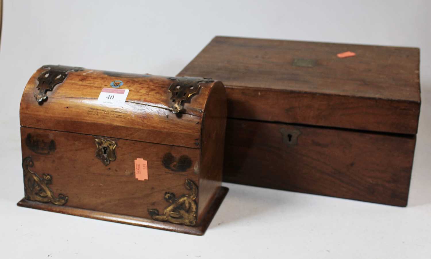 A Victorian walnut and brass mounted dome topped casket, having Mauchlin ware type decoration