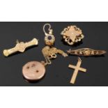 A 9ct gold bar brooch; together with one other having a steel pin; a 9ct gold cross pendant, 4.,