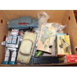 One box containing a quantity of mixed tin plate and wooden vehicles to include Gama Toys, Victory