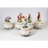 A collection of five Royal Doulton Bunnykins musical figures, comprising Fly to the Moon, Rockabye