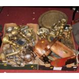 Two boxes of miscellaneous metalware, to include Eastern brassware, brass candlesticks, copper