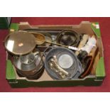 A box of miscellaneous items, to include a copper planter, toasting fork etc