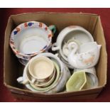 A box of miscellaneous china, to include an ironstone chamber pot etc