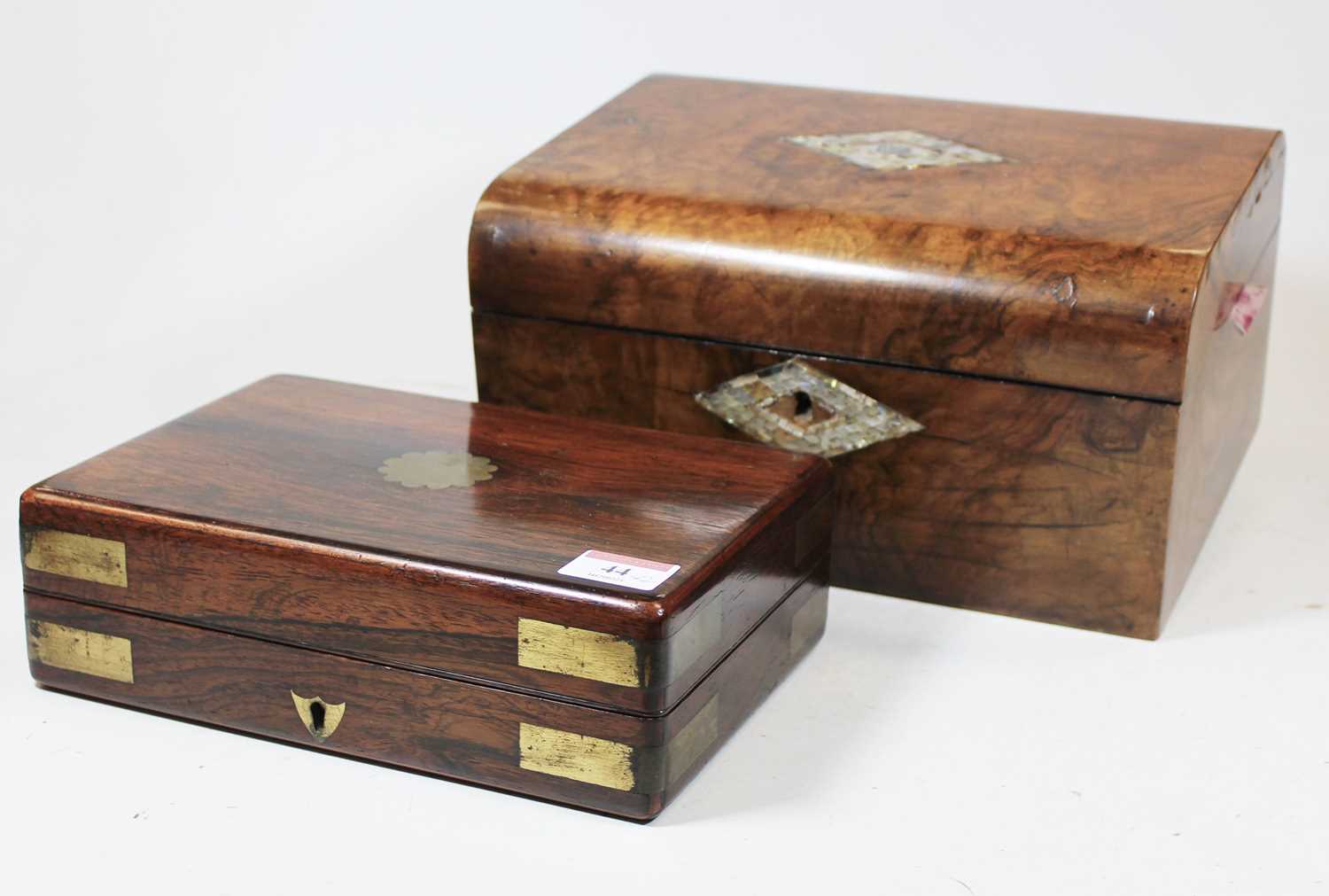 A Victorian rosewood and brass bound unfitted box, w.23cm; together with a Victorian walnut dome