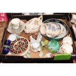 Two boxes of miscellaneous items, to include a pair of Royal Crown Derby side plates in the Imari