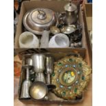 Two boxes of miscellaneous items, to include silver plated entrée dish and cover, various goblets,