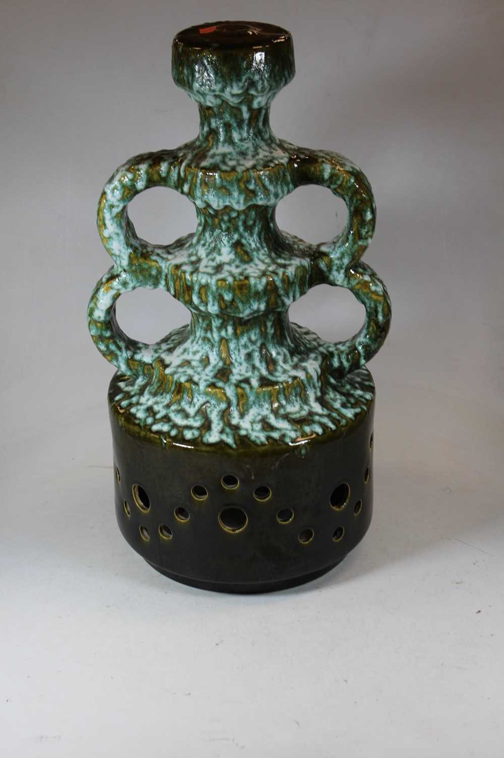 A 1970s West German green glazed pottery lamp base, having four loop handles to a pierced circular - Image 2 of 8