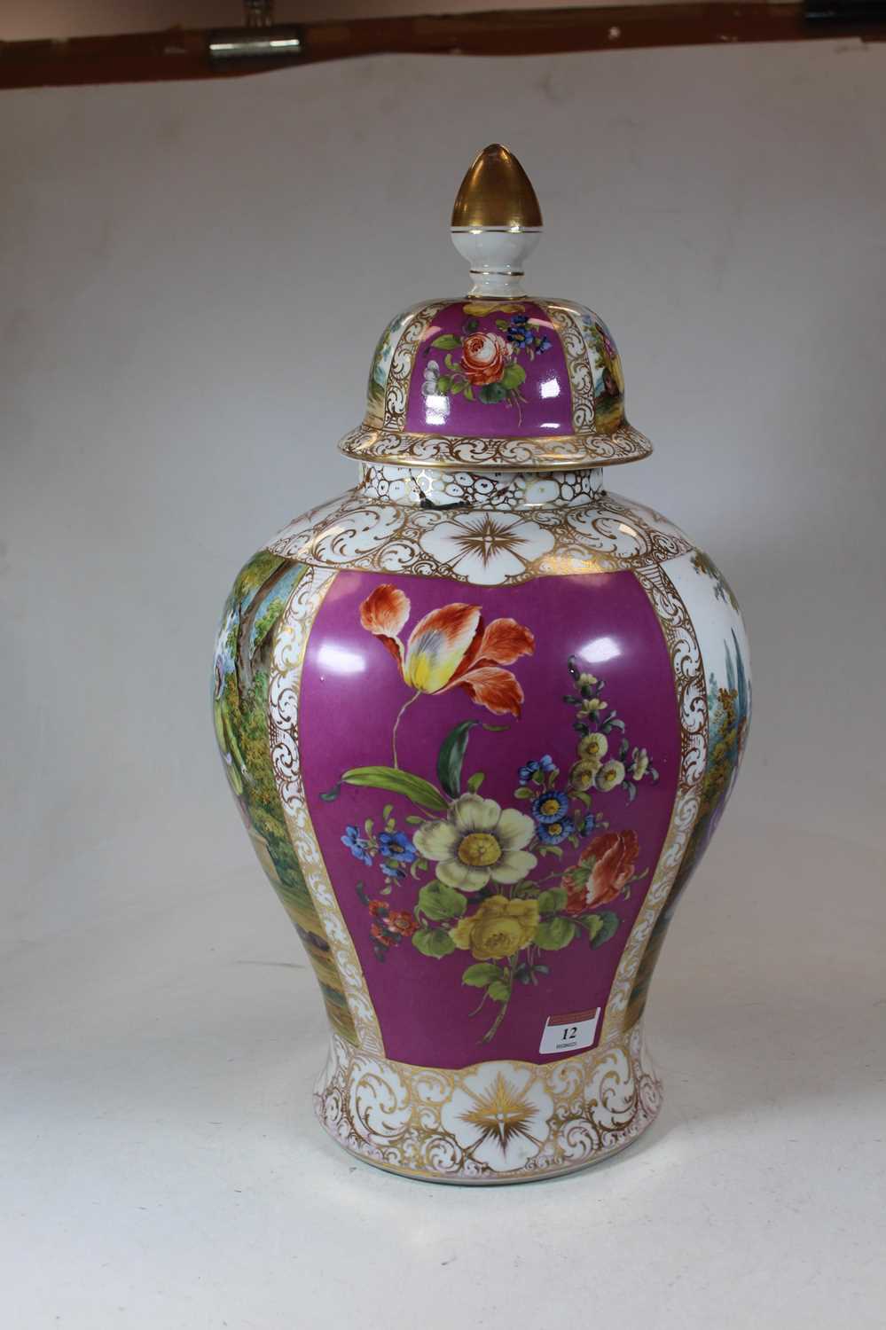 A large early 20th century German porcelain vase and cover, of baluster form, decorated with figures - Image 3 of 12