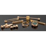 A 9ct gold and diamond set safety pin bar brooch, 5.8g, 7cm; together with two other 9ct gold safety