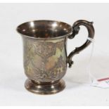 A Victorian silver christening tankard with floral engraved decoration and C-scroll handle naming