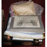 A box of miscellaneous items, to include Lipton's Tea prints, lace and linen etc