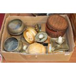 A box of miscellaneous items, to include copper jardinières, pressed flowers, chamberstick etc