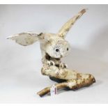 A large William Lawrence ceramic model of an owl, having outstretched wings and perched on a branch,