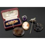 Assorted costume jewellery, to include carved shell cameo brooch in pinchbeck mount, agate brooch,