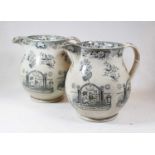 A pair of early 19th century jugs, each transfer decorated with Masonic scenes and foliage, h.