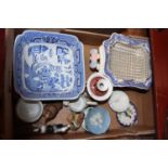 A box of miscellaneous china, to include blue and white transfer decorated bowl, continental bird