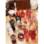 A collection of Victorian and later glassware, to include cranberry glass epergne (lacking one