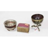 A French trinket box and cover having glazed lid, the brass body with foliate engraved decoration,