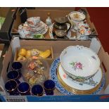 Two boxes of miscellaneous items, to include a set of six blue glass goblets with gilt decoration,