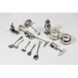 A small collection of assorted silver and white metal items, to include a pedestal pepperette,