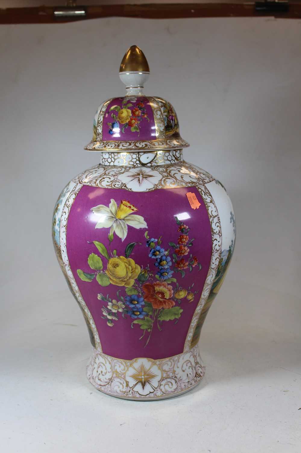 A large early 20th century German porcelain vase and cover, of baluster form, decorated with figures - Image 5 of 12