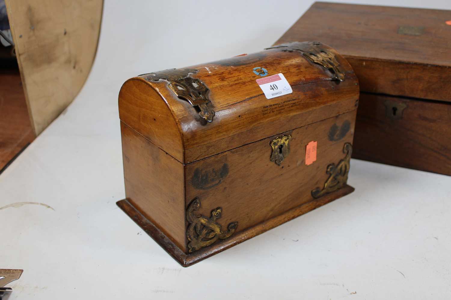 A Victorian walnut and brass mounted dome topped casket, having Mauchlin ware type decoration - Image 2 of 8