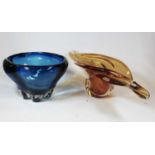 A mid-20th century amber tinted studio glass table bowl, w.48cm; together with a blue glass bowl (