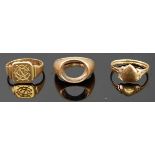 An 18ct gold gent's signet ring, size L; and one other unmarked yellow metal example lacking