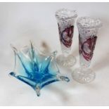 A collection of miscellaneous glassware, to include amber overlaid cut glass conical vases, blue