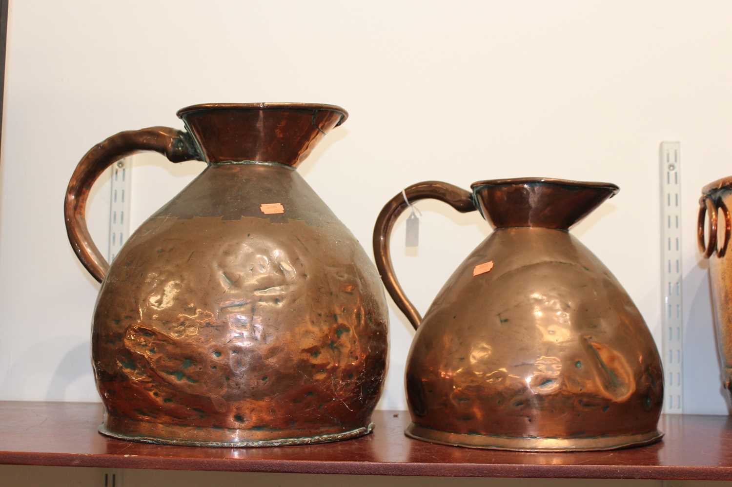 A large 19th century copper flagon, h.37cm; together with one other smaller example (2) - Image 3 of 6